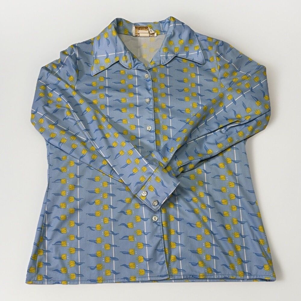 Vintage 70s Center Stage Tulip Print Button-Up Blouse Size M Sky Blue & Yellow